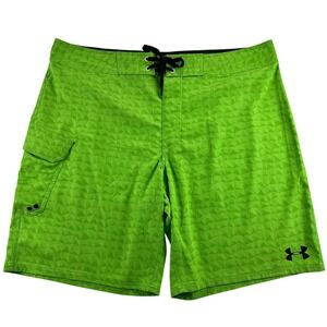 Under Armour Mens 42 Heat Gear Board Shorts Lime Green Geometric Triangle Swim